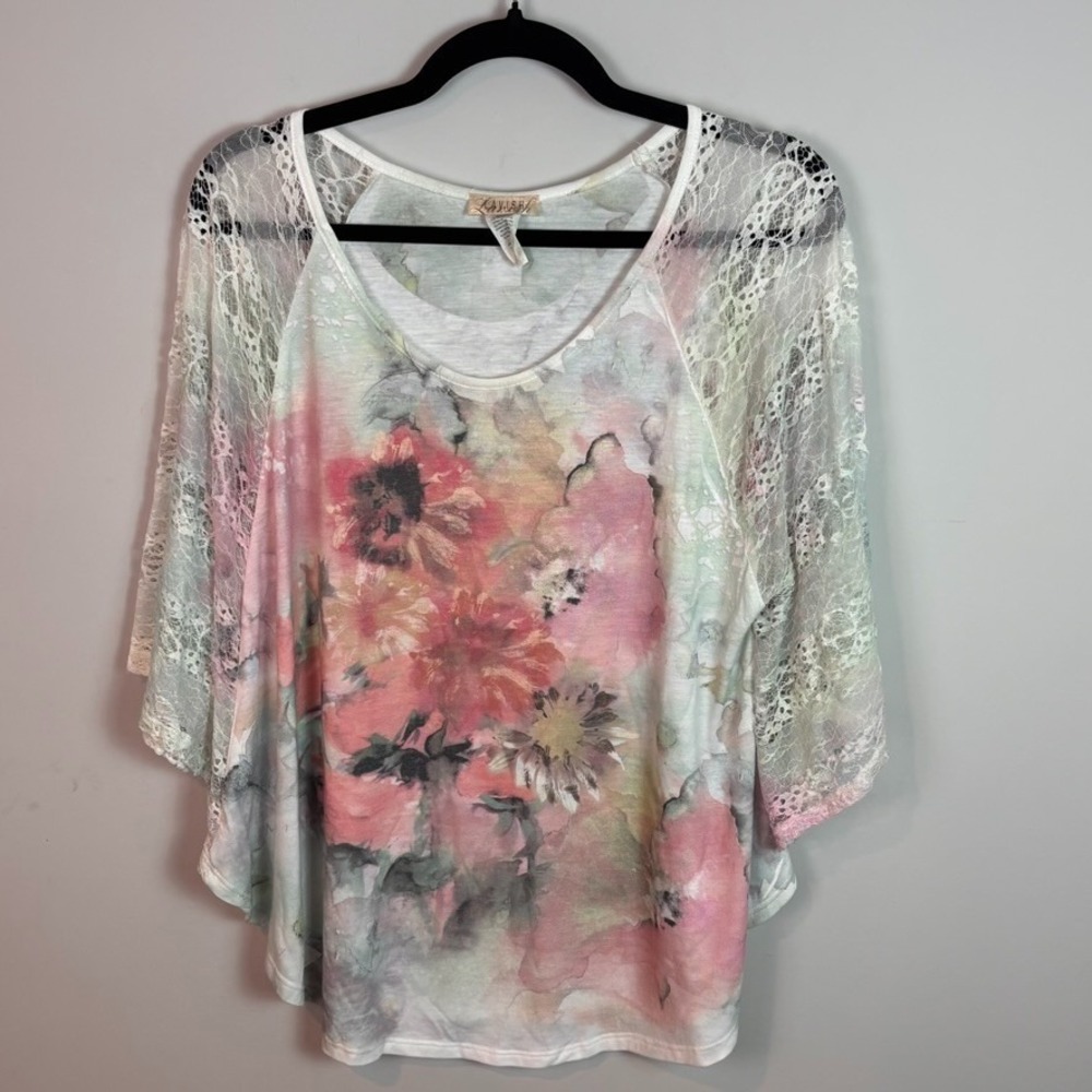 VTG Lavish Y2K Womens Pink Floral Lace Sleeve Flowy Blouse sz 1X Fairy Whimsical